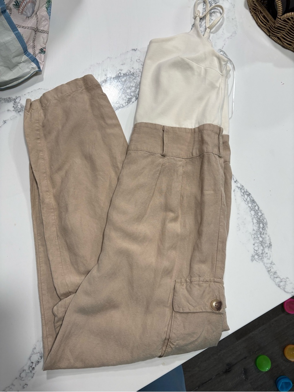 Express Linen Blend Utility Cargo Wide Leg Jumpsuit Small Ivory Taupe - Picture 8 of 10